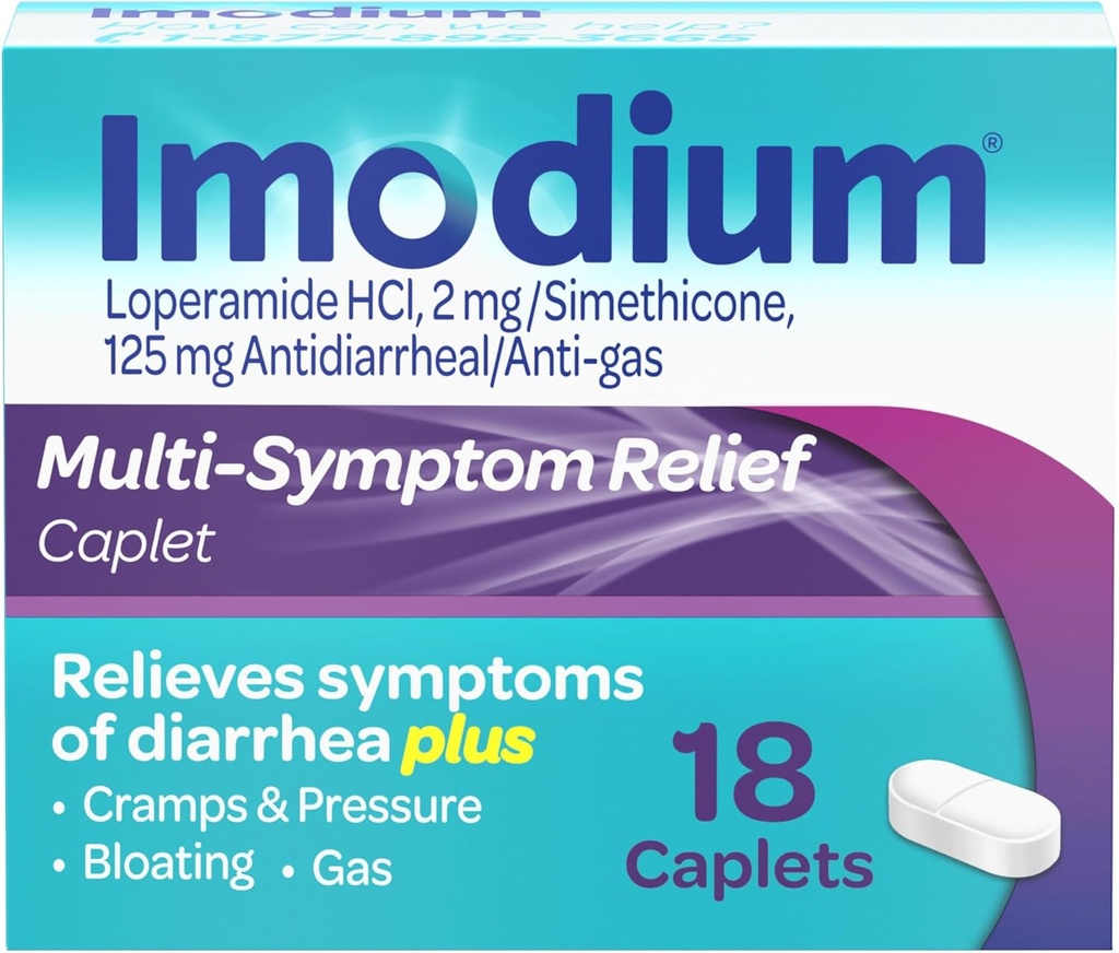 Imodium Multi-Symptom Relief Caplets , Loperamide Hydrochloride & Simethicone Anti-Diarröa Meditsiin kõhulahtisuse, gaasi, puhituse, krampide ja rõhu leevendamiseks , HSA / FSA Sobivad , 18 ct