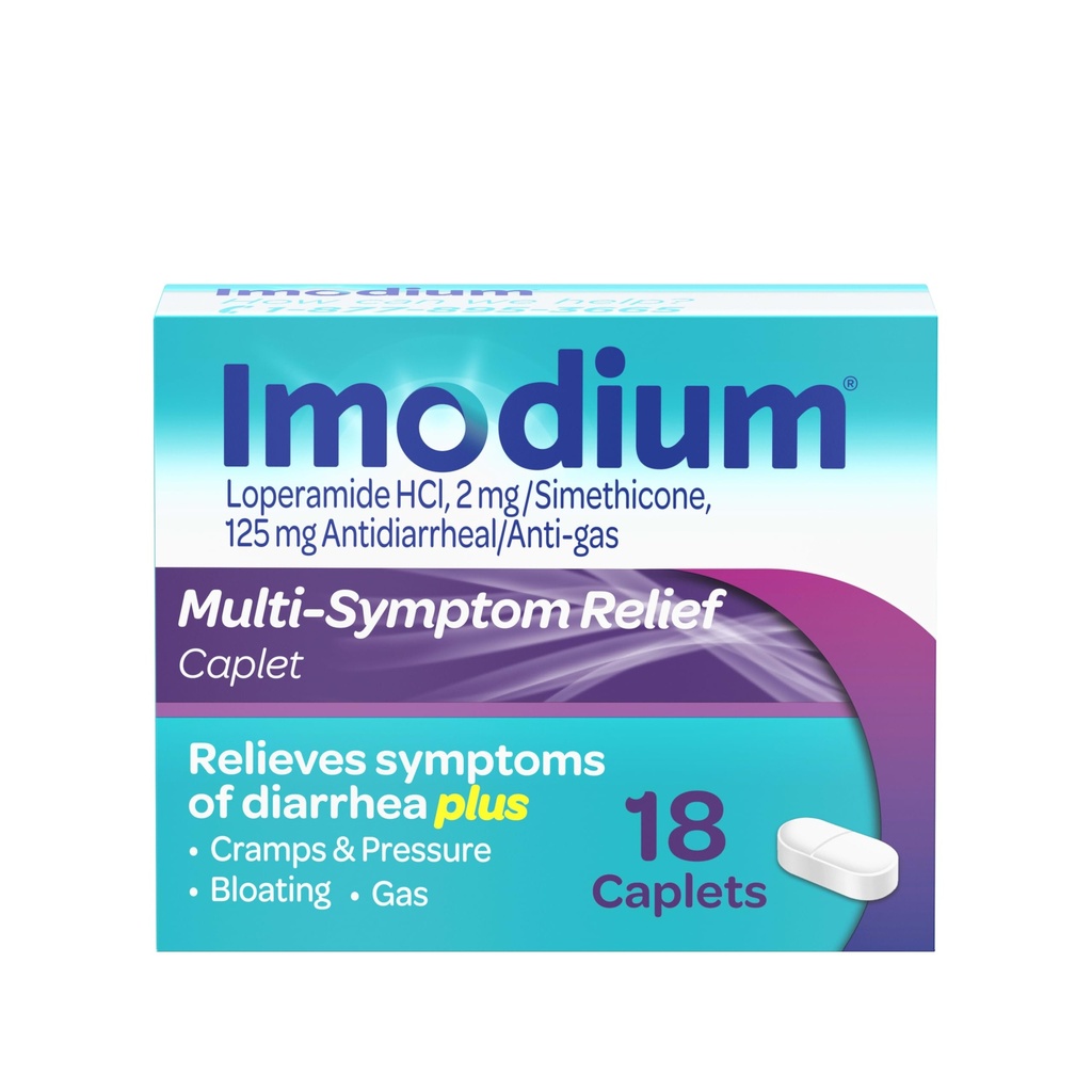 Imodium Multi-Symptom Relief Caplets, 18 ct | Loperamide Hydrochloride & Simethicone, Anti-Diarrheal Medicine, Relief of Diarrhea, Gas, Bloating, Cramps & Pressure