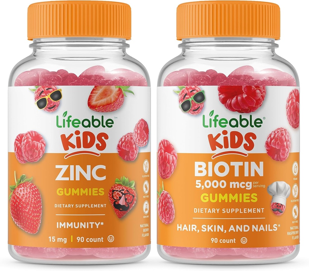 Levensvatbare Zink Kids + Biotin Kids, Gummies Bundle - Grote Proeverij, Vitamine Supplement, Glutenvrij, GGO-vrij, Kauwgom