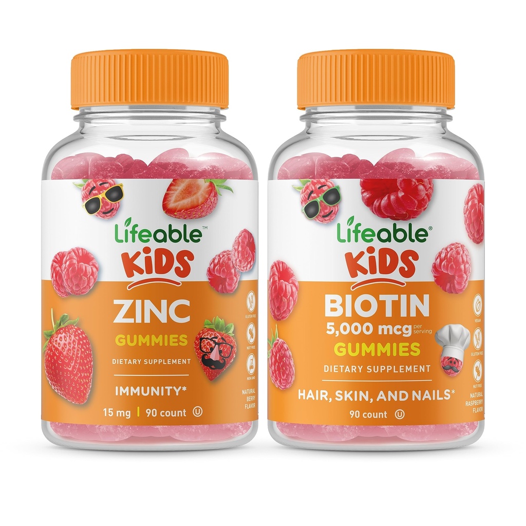 Lifeable Zinc Kids + Biotin Kids, Gummies Bundle - Great Tasting, Vitamin Supplement, Gluten Free, GMO Free, Chewable Gummy