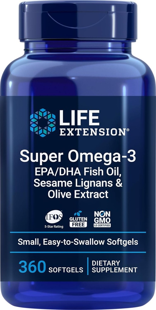 Livsforlengelse Super Omega-3 360 Softgels, lett å svelge, EPA / DHA Omega3 Fish Oil, Sesame Lignans & Olive Extract