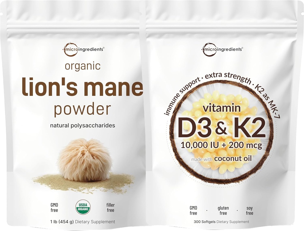 Micro Ingredients Vitamin D3 10,000iu + K2 200mcg Coconut Oil Softgels ' Lions Mane Mushroom supplement Powder Bundle 2 Pack , Essential Sunshine Vitamins , Natural Superfood for Brain, Energy, " Immu