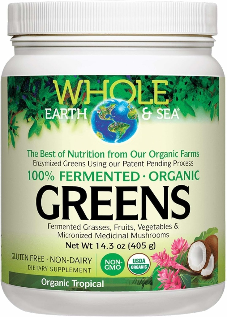 Lur osoa eta itsasoa natur faktoreetatik, hartzitutako berde organikoak, Vegan Whole Food Supplement, Tropical, 14.3 Oz