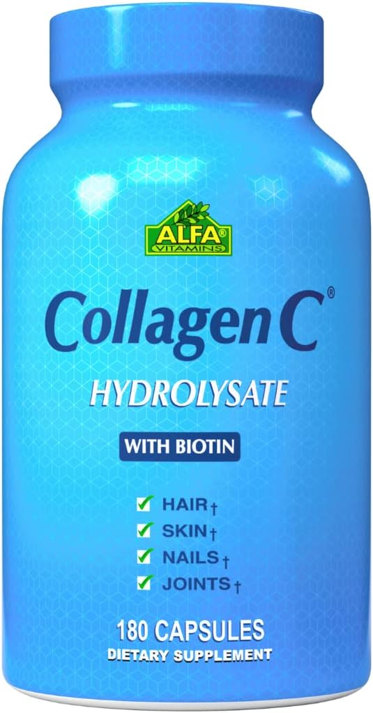CollgenC - Colgen Hydrolylesate Capsules với Biotin của Alfa vitamins - Kháng nguyên chất cho da, móng & mái tóc - Hỗ trợ xương và cơ bắp - sản xuất ở Mỹ - 180 Capsules
