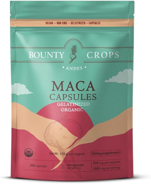 Organic Maca Powder CAPSULES-1000 mg per Serving, Gelatinized, Non-GMO, 200 Vegan Capsules, Black, Red, and Yellow Peruvian Maca, Energy and Vitality Support.
