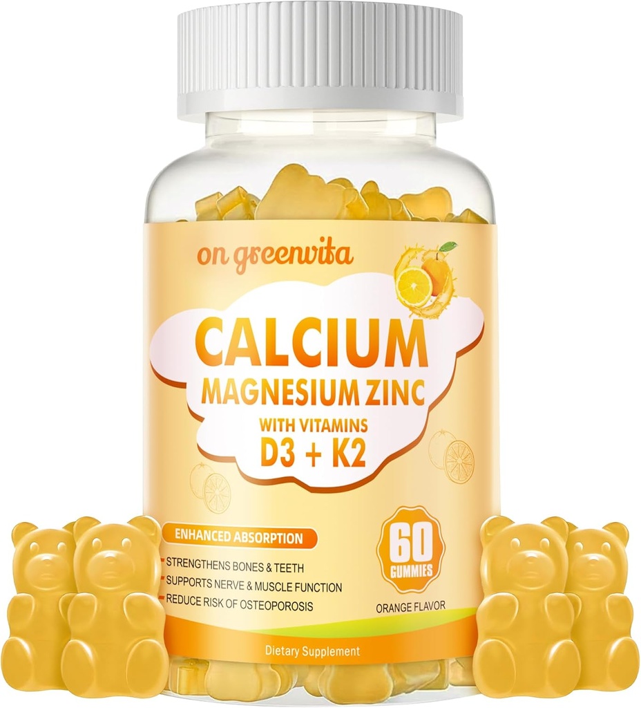Gummies de cinc de magnesio de calcio con vitamina D3 e K2 - Alta potencia reforzada absorción -60 Gummies de laranxa