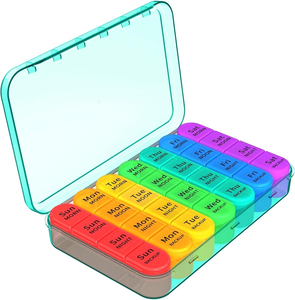 Daviky Pill organizētājs 4 reizes dienā, Weekly Pill Box Travel Pill Case, Daily Medicine organizētājs 7 diena, Large Pill konteineru turētājs turēt vitamīnus, tabletes, piedevas (Cyan)