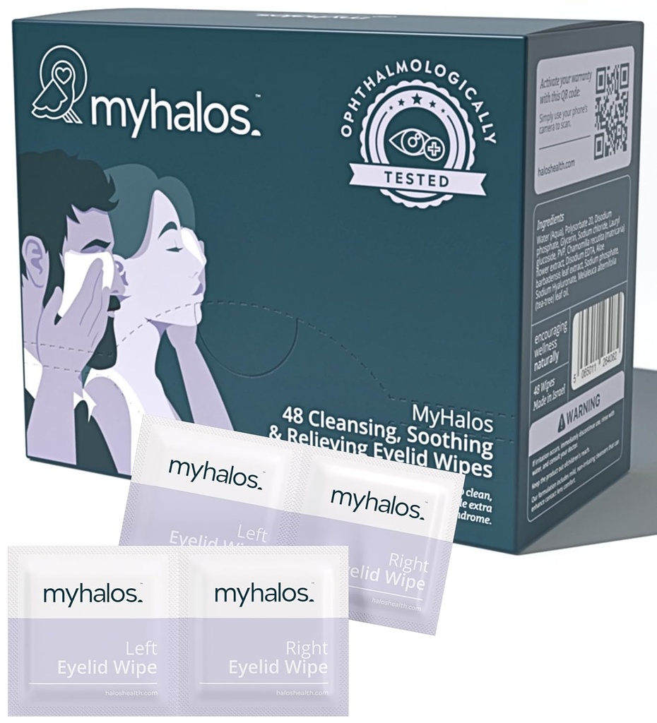 MyHalos ® 48 Hydrating Eyelid Wipes for Dry Eye Relief - Moisturizing & Sootful Eye Wipes with Tea Tree - Helping with Blipharitis & Computer Vision Syndrome, Blepharitis Treatment for Eellifets, Cleanser