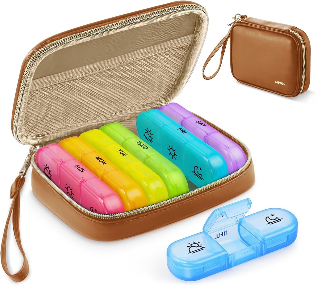 AUVON Weekly Pill Organizador 3 veces ao día, Gran Caixa 7 día con unha bolsa de coiro PU, Protabel Travel Pill Case Medicina Reminder, Daily Pill Box 3 veces ao día para vitaminas, aceites de peixe, Suplementos