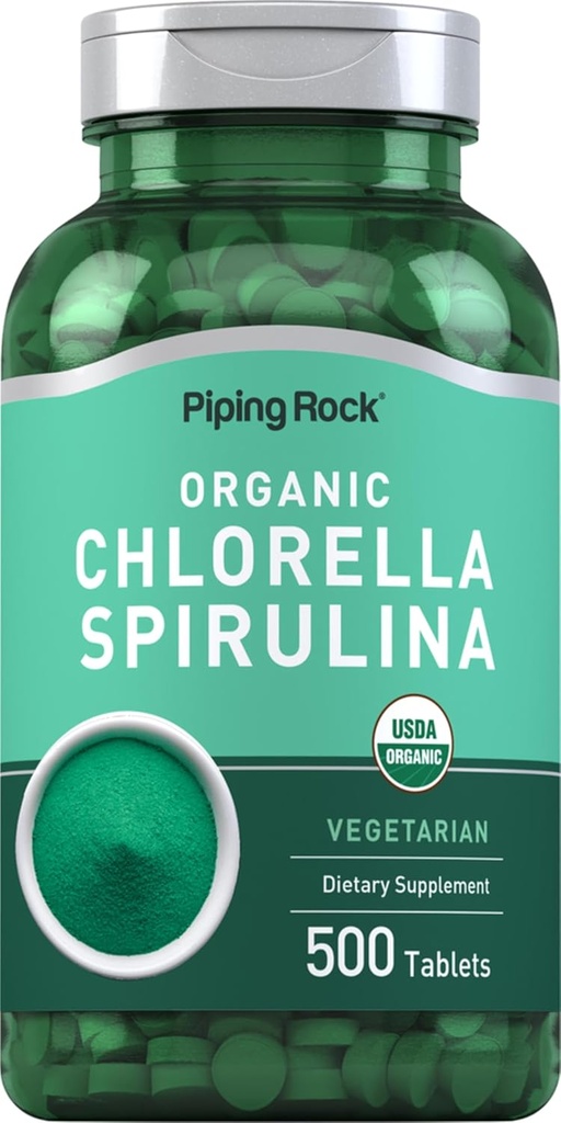 Piping Rock Chlorella Spirulina Organic | 500 tabletas | pílulas vexetarianas | Non-GMO, suplementos gratuítos de glute