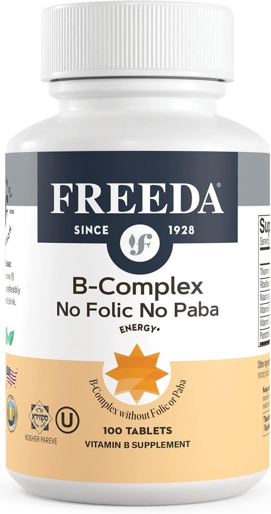 Freeda B vitamīna komplekss No Folic No PABA - Super B komplekss Košera vitamīnu papildinājums ar B1 vitamīnu B2 vitamīns B5 vitamīns B6 vitamīns B12 - Vit B komplekss B sievietēm un vīriešiem (100 Ct)