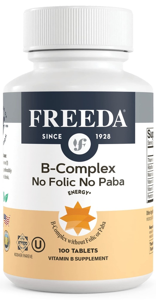 Freeda Vitamin B Complex No Folic No PABA - Super B Complex Kosher Vitamin Supplement with Vitamin B1 Vitamin B2 Vitamin B3 Vitamin B5 Vitamin B6 Vitamin B12 - Vit B Complex B for Women & Men (100 Ct)