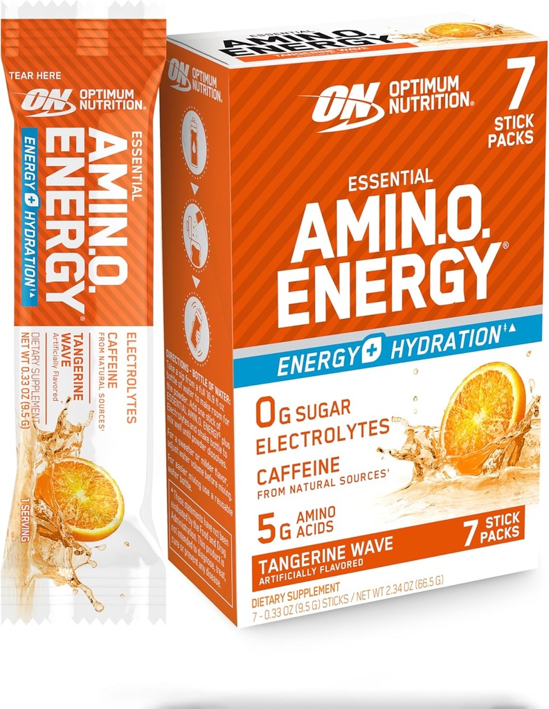 Optimum Nutrition Essential Amino Energy Plus Electrolytes Stick Packs, Energy Powder, Tangerine Wave, 7 Compte
