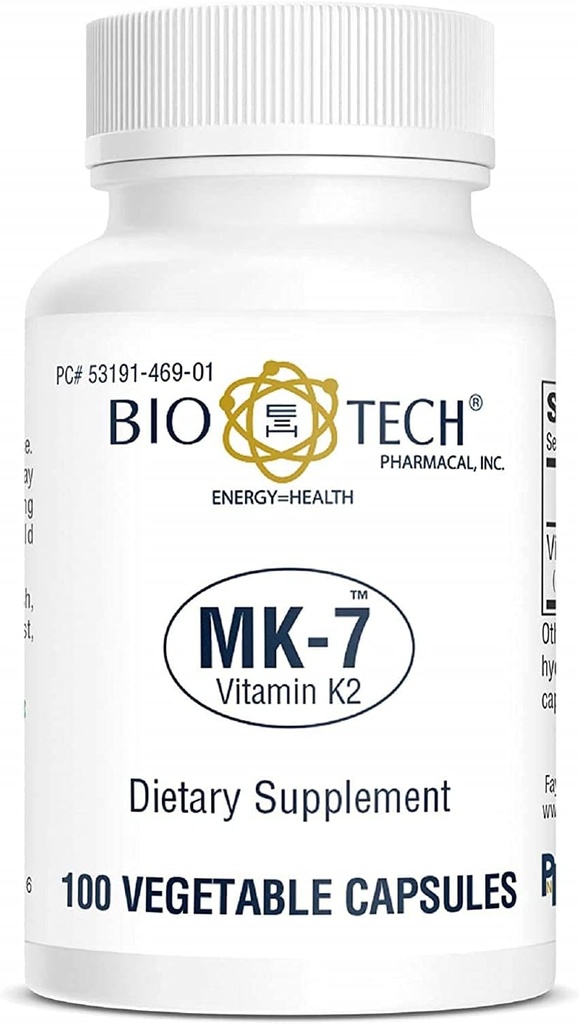 Bio- Tech Pharmacal MK- 7 (Vitamin K2), 100 Vegetabilske kapsler - All- Natural Supplement - Understøtter kardiovaskulær & bone sundhed - Ingen Dairy, Fish, Gluten, Peanut, Shellfish, GMO 'er, Kosher, Halal, & Soy -