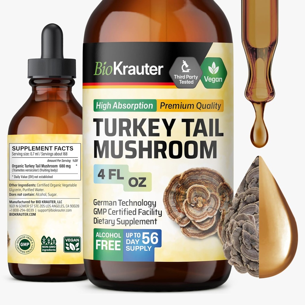 BIO KRAUTER Tyrkia Tail Mushroom Supplement - Tyrkia Tail Ekstrakt for immunstøtte - Vegan, alkohol & sukker gratis dråper 4 Fl.Oz.