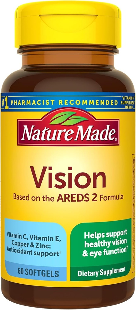 Nature Made Vision, AREDS 2 Formulan oinarritua, begi-bitaminak Lutein eta Zeaxanthin, C bitamina, E bitamina, Zinka eta Copper ikusmen eta begi-funtzio osasuntsurako, 60 Softgel, 30 eguneko hornidura