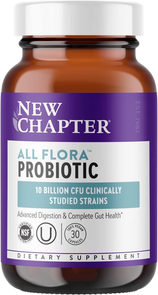 Novo capítulo Probiótico All-Flora - 30 ct (1 mes de subministración) para a dixestión avanzada e saúde intestinal completa con Prebióticos + postbióticos, cepas estudadas clínicamente, 100% Vegan, Non-GMO, Estable de Shelf