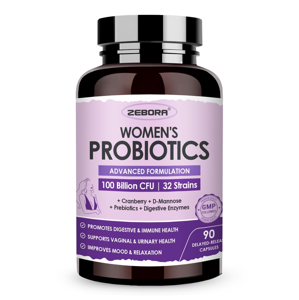 ZEBORA Probiotics for Women Digestive Health with Enzymes & Prebiotics 100 Billion CFUs| Vaginal Probiotics with D Mannose & Cranberry | Urinary Tract Health | Immune Support, 90 Capsules