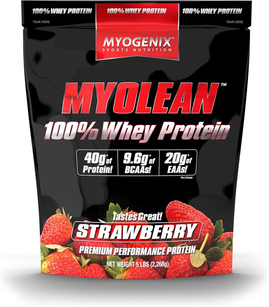 Myogenix Myolean - 100% сывороточный протеиновый порошок - 40 г белка на сервировку - Низкий уровень углеводов - Идеально подходит для смузи, встряхиваний для замены еды, предварительных тренировок и после тренировки - клубника (5 фунтов)