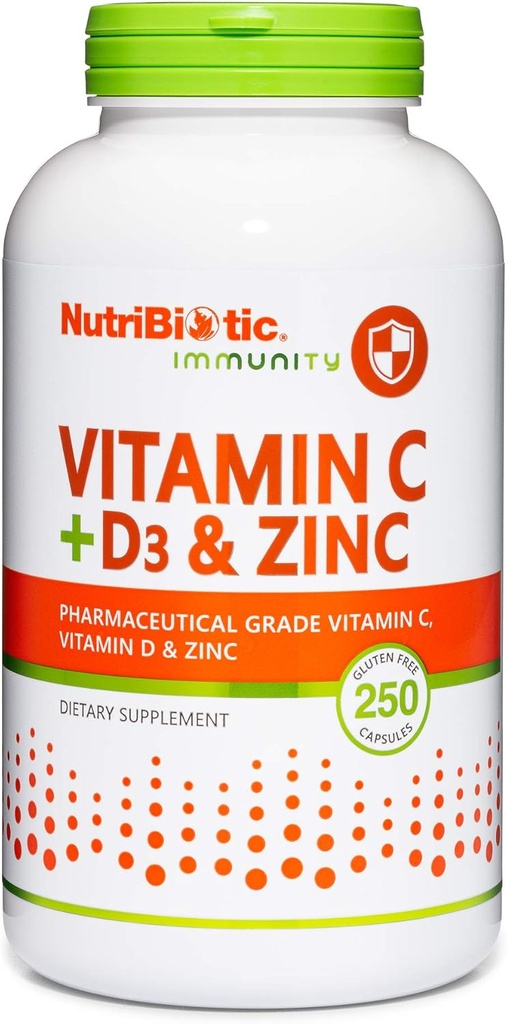 NutriBiotic – Vitamina C + Vitamina D3 & Zinc, 250 Capsule | Potente, Supporto Immune Comprehensive | Integratore Quotidiano Essenziale & Antiossidante | Gluten & GMO Free