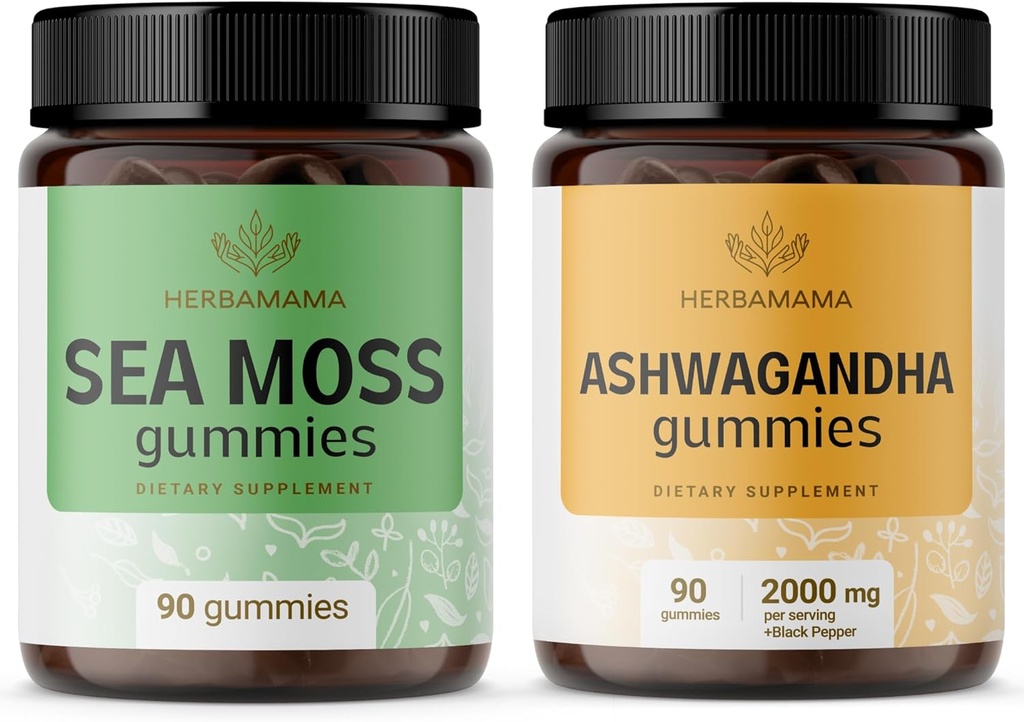 HERBAMAMA 海蚊和Ashwagandha Kit - 1600 mg的海蚊装箱 Bladderwrack & Ashwagandha 根胶 - Vegan,非GMO,无盖拉廷 - 2包