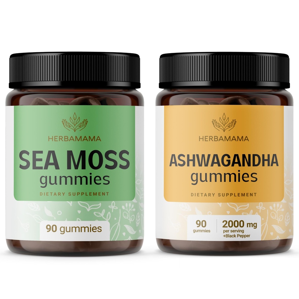 HERBAMAMA Sea Moss and Ashwagandha Kit - Bundle of 1600 mg Sea Moss with Bladderwrack & Ashwagandha Root Gummies - Vegan, Non-GMO, Gelatin-Free - 2 Pack