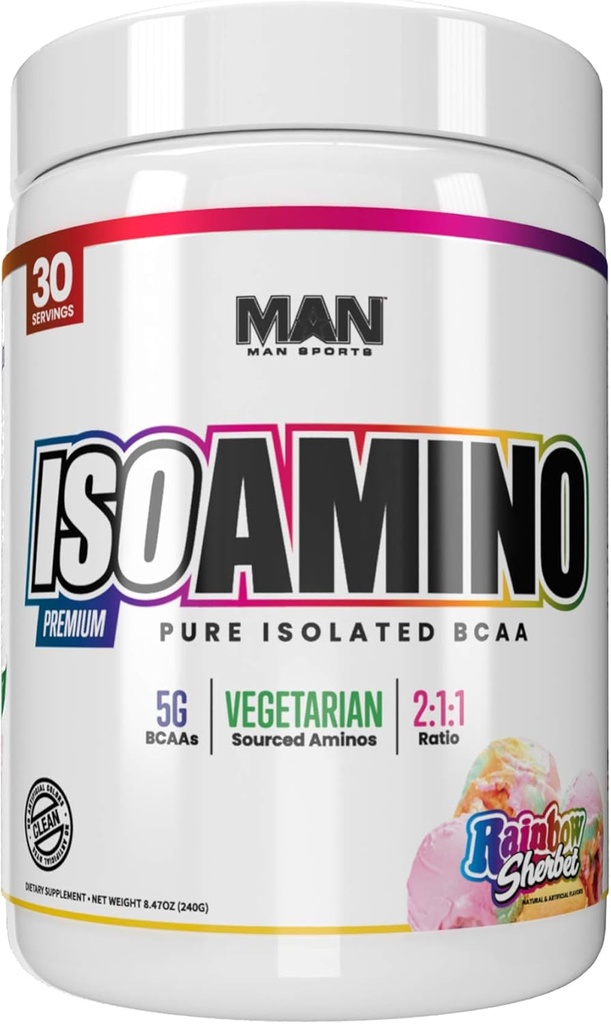 MAN Sports Iso- Amino Bcaa milteliai, Rainbow Sherbet, 255 Gramas