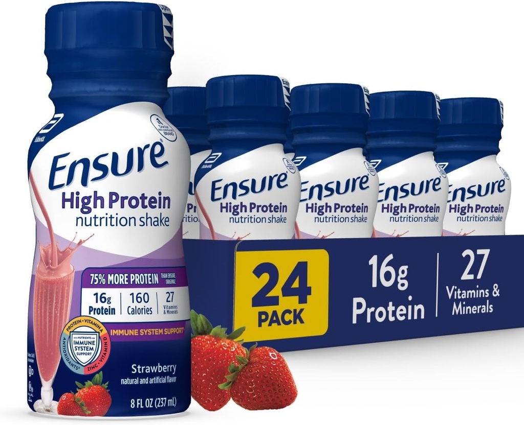 Assicurare la Shake di nutrizione di fragole ad alta proteina, pronta per bere, 16g Protein e 27 vitamine e minerali, 8 fl oz, 24 Pack