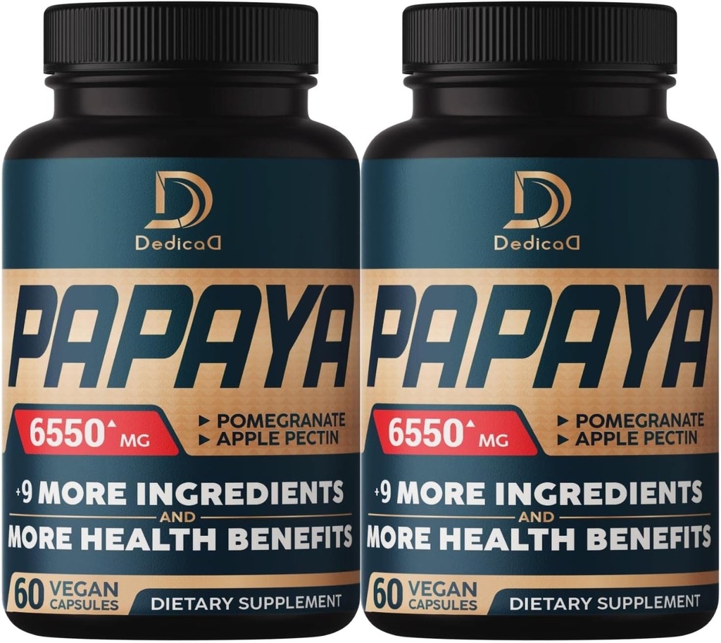 10in1 Pure Papaya Enzymes for Digestion 6550mg 4 Months Support Digestion, Immune & Body Health - Blended with Extracted Pomegranate, Apple Pectin, Ginger, Turmeric, Peppermint - 2 Packs 60 Counts