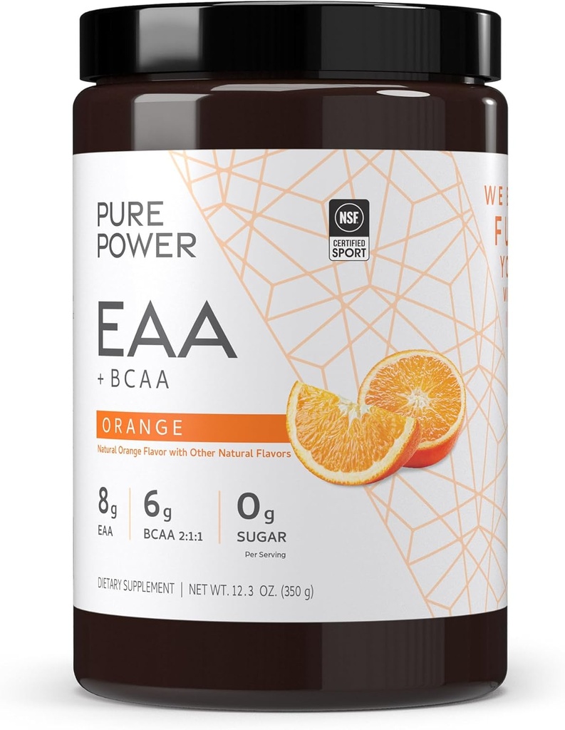 Dr. Mercola Pure Power Essential Amino Acids with BCAA, Orange Flavor, 12.3 oz (350 g), 30 Servings, 8 g of EAA, 6 g of BCAA, 0 g of Sugar, Non-GMO, NSF Certified for Sport