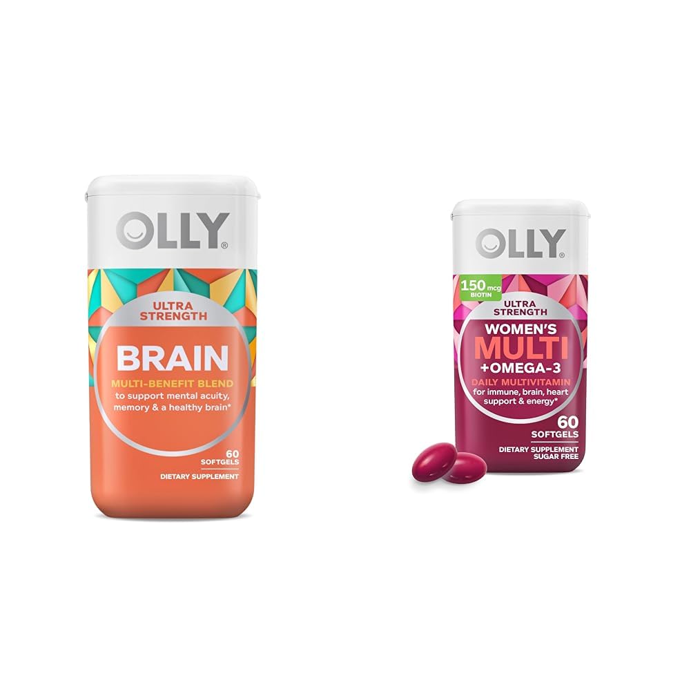 OLLY Ultra Strength Brain Softgels, Nootropic, Supports Healthy Brain Function, Memory, Focus & Ultra Women's Multi Softgels, Overall Health and Immune Support, Omega-3s, Iron, Vitamins A, D