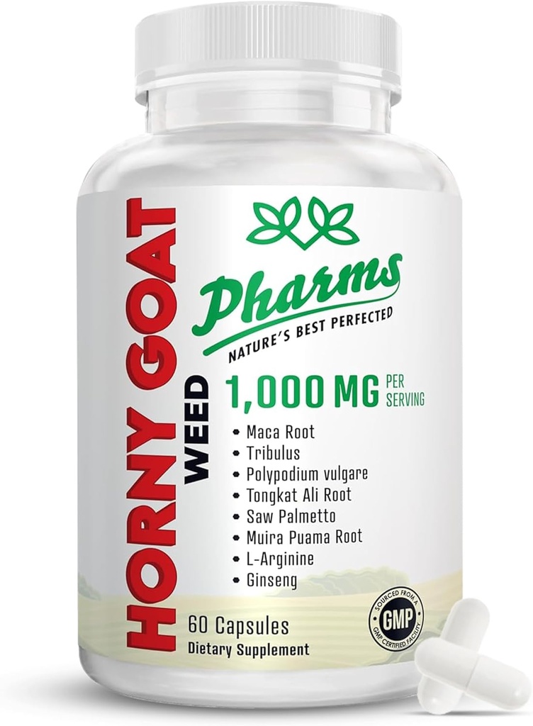 PHARMS Horygoatweed עבור גברים ונשים (1,000 מ"ג) - אנרגיה & Stamina קפסולות עם Maca Root, Tribulus, Tongkat Ali, Saw Palmetto & גינזנג - נשים וגברים ביצועים Enhancing תוסף - 60 קפסולות