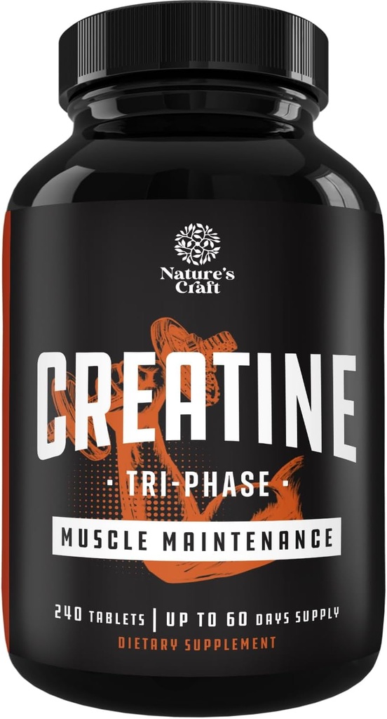 Natures Craft High Strength Tri Phase Creatine Tablets for Women and Men - Formula nahasketa Creatine Monohydrate, 300mg HCL eta Pyruvate osagarria - Muscle Mass Gain & Recovery Supplement - 240 Tablet