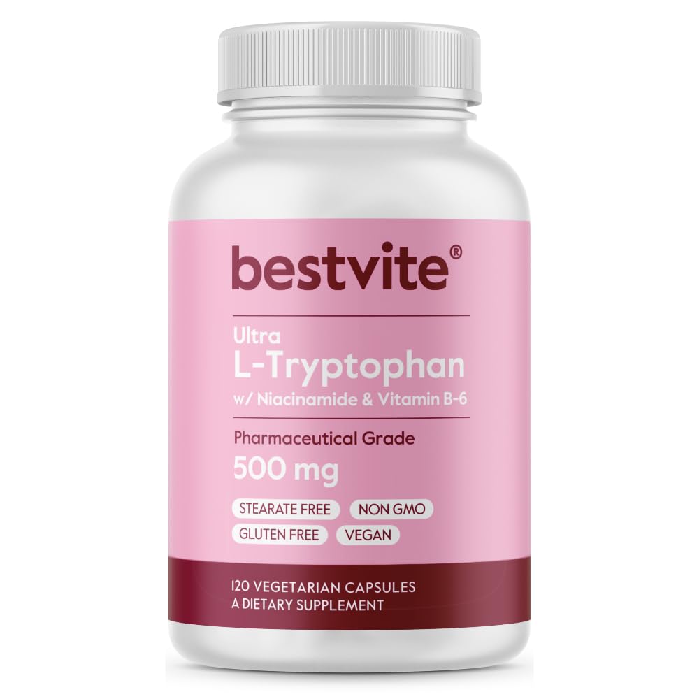 BESTVITE Ultra L-Tryptophan 500mg with B3 & B6 (120 Vegetarian Capsules) – No Stearates - Vegan - Non GMO - Gluten Free - Amino Acid Supplement - Supports Relaxation*