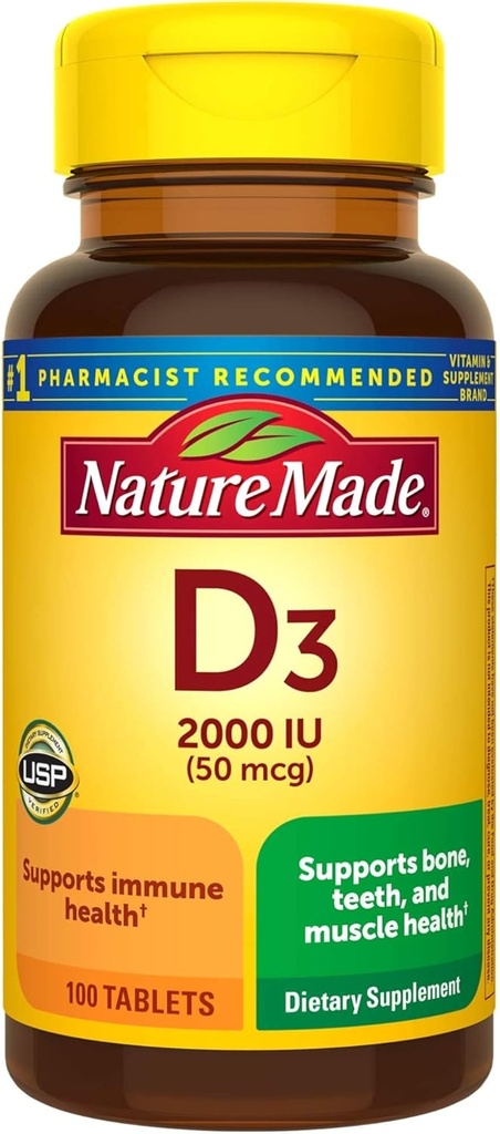 Nature Made Vitamin D3, 100 tablet, Vitamin D 2000 IU (50mcg) Pomáhá podporovat imunitní zdraví, 100 tablet, .-