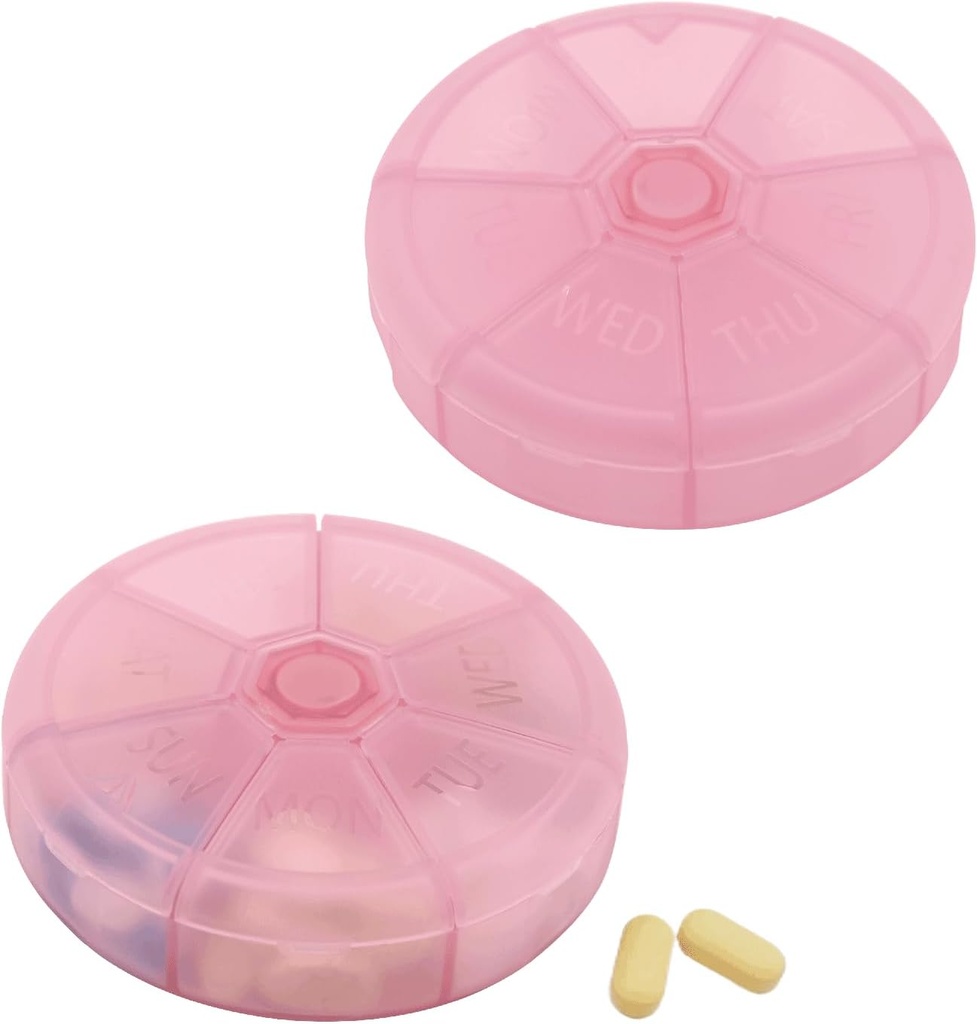 Portable Weekly Pill Organizer 7 Day Pills Container, Round Pill Case Travel Friendly, Daily Week Pill Reminder Case, BPA-Free Vitamina, Suplemento, Óleo de peixe, Planner de medicamentos (Pink)