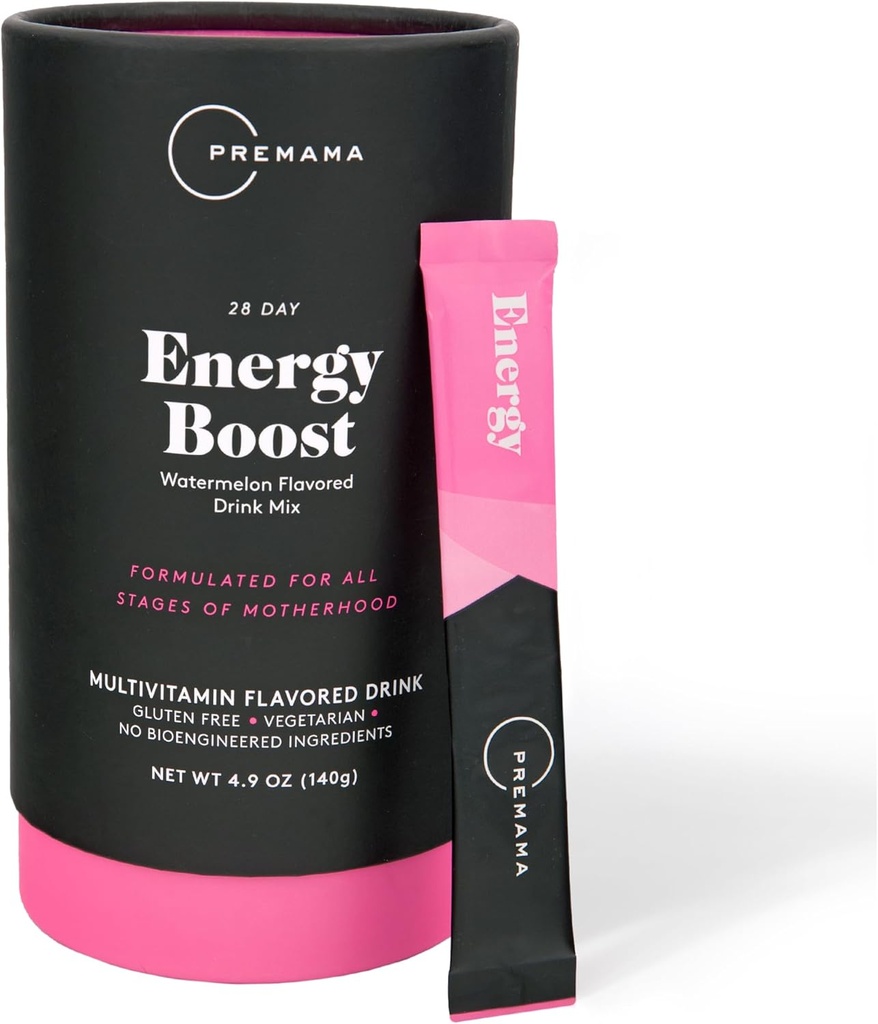 Impulso de energia Premama para todas as fases de gravidez, sem cafeína, energia sem estimulantes, sem glúten, vegetariano, sabor de melancia, 28 pacotes de serviço único