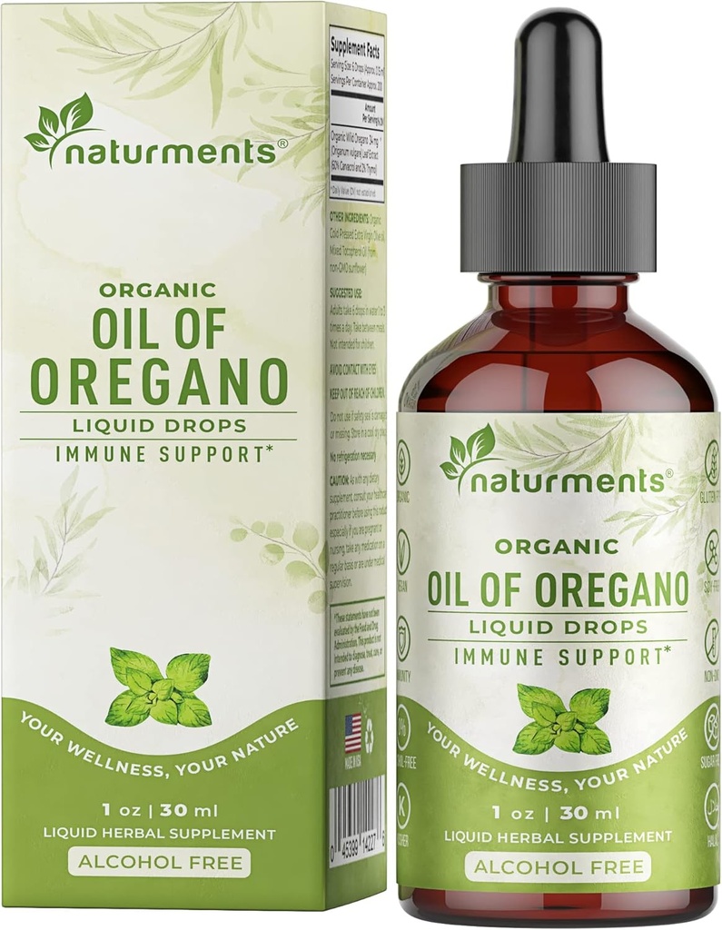 Naturments Oil Drops Oregano pour le soutien immunitaire et la santé Gut. Vegan, non-OGM, sans sucre et sans gluten Huile d'origan sauvage bio méditerranéenne avec huile d'olive vierge extra biologique - 1 Fl Oz 30 Ml