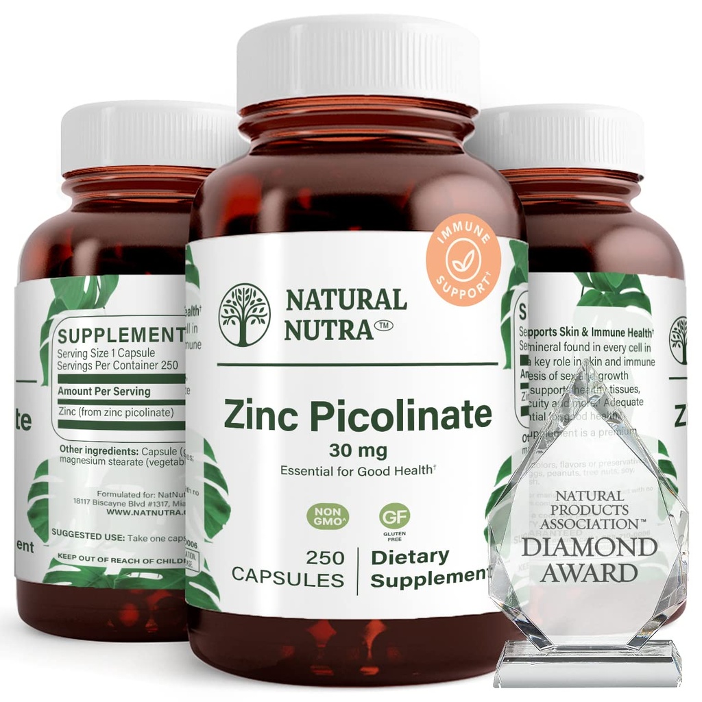 Natural Nutra Zinc Picolinate 30 mg, Double Strength, Raw and Pure, Highly Bioavailable Supplement for Growth and Immune Support, Helps Support Metabolic System, Decrease Common Cold 250 Capsule