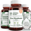 Natural Nutra Zinc Picoliat 30 mg, doble força, Raw i Pur, altament biotecnible suplementari per al creixement i suport d'ajuda al Sistema Metabolic, Disminueix Commona 250 Capsule