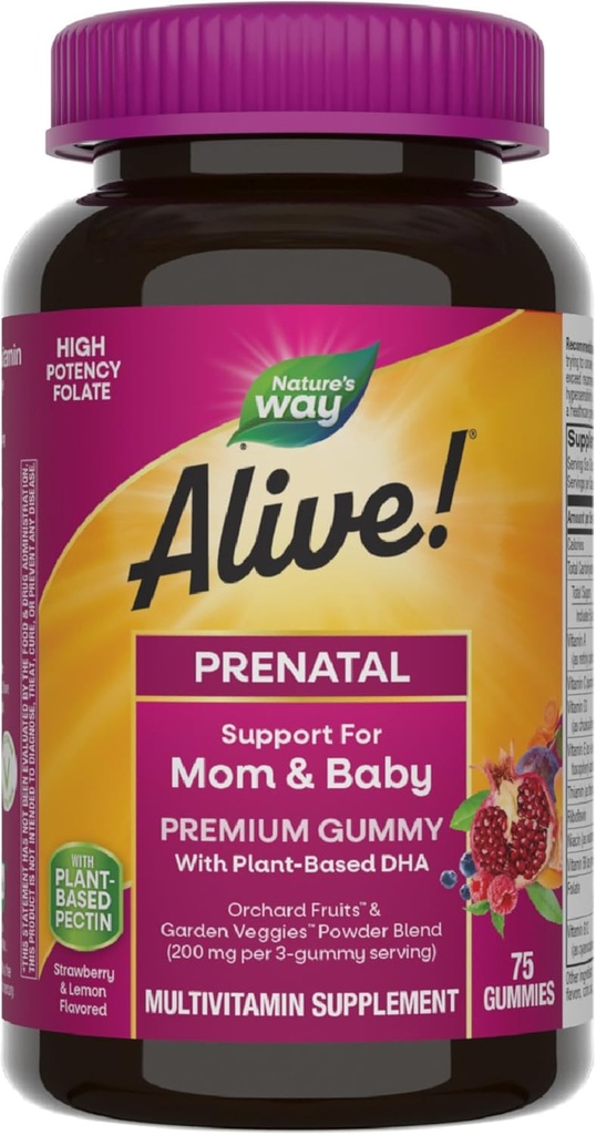 Živa pot narave! Prenatal Premium Gummy Multivitamin, Folat visoke jakosti, na rastlinah temelječ DHA, vegetarijanec, jagode in limone arome, 75 Gummies