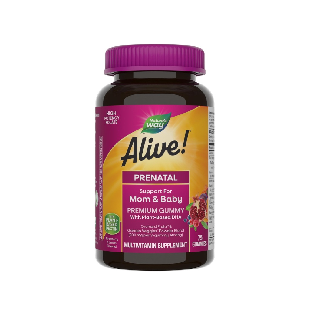 Nature's Way Alive! Prenatal Premium Gummy Multivitamin, High Potency Folate, Plant-Based DHA, Vegetarian, Strawberry and Lemon Flavored, 75 Gummies
