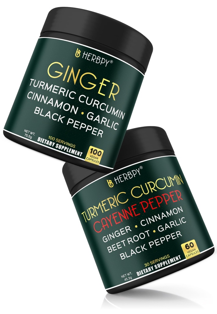 Herbpy Bundle 5in1 Ginger Supplements 755mg/serving (100 Count 100 Servings) & 7in1 Turmeric Root 1510mg/serving (2pack60 for 60 Servings)