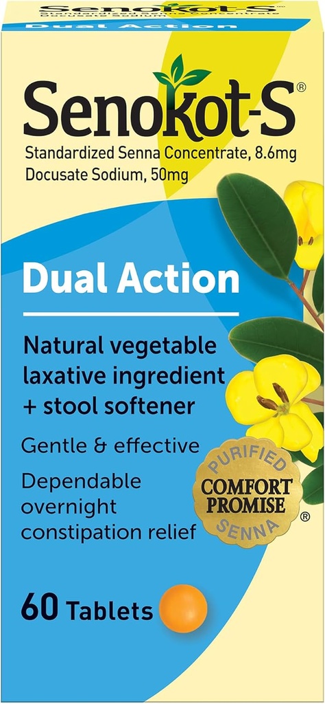 Senokot-S Dual Action 60 Tablets, Natural Vegetable Laxative Ingredient Plus Stool Softener Tablets, Gentle Dependable Overnight Relief Of Ocasional Constipation Branco