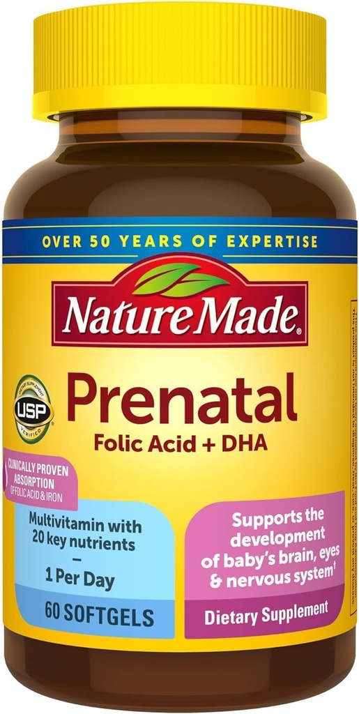 Nature Made Prenatal Vitamin + DHA Softgels with Folic Acid, 이오딘 및 아연, 60 카운트