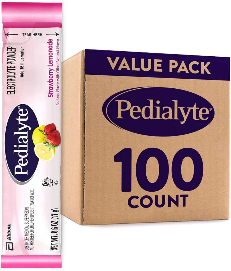 Pedialyte Electrolyte Powder Packets, Strawberry Lemonade, Hydration Drink, 100 SingleServing Powder Packets