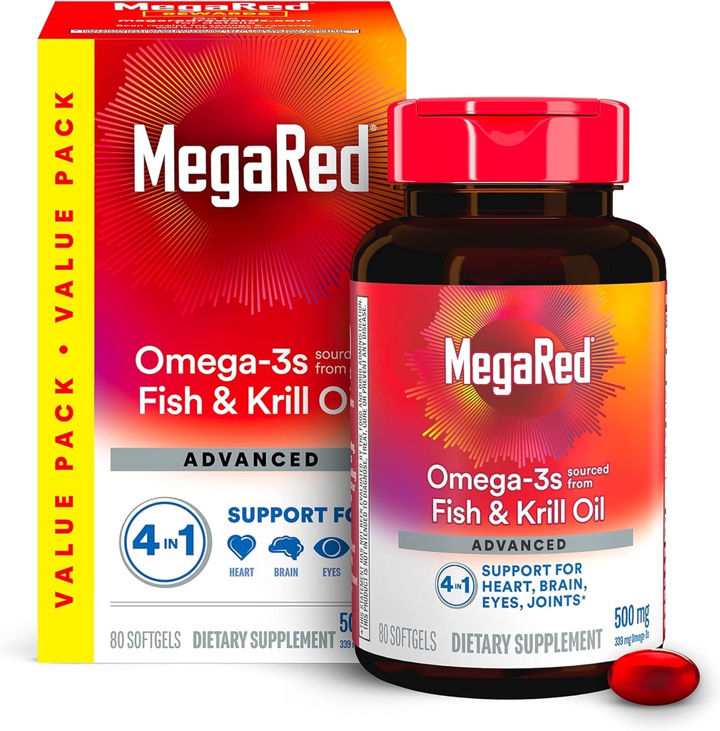 Megared Omega-3 rybí olej + vysoká absorpcia vrtný olej 500mg Softgels, MegaRed Advanced 4in1 (80 počet vo fľaši) Koncentrovaný Omega-3 Ryby a vrtný olej doplnok