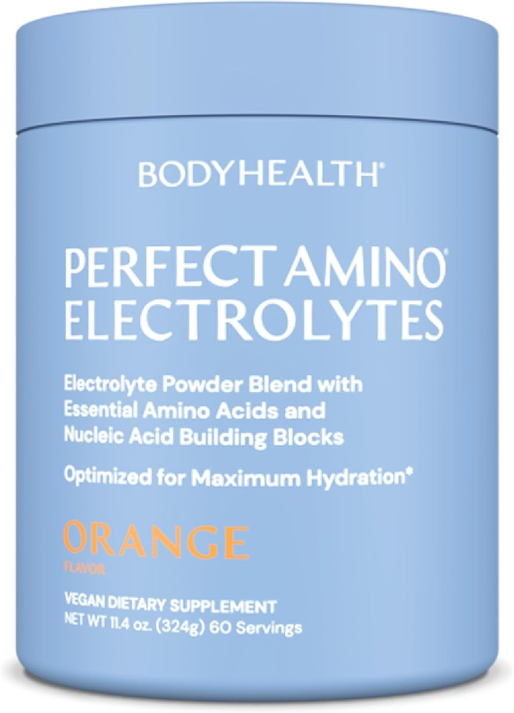 BodyHealth Perfect Amino Electroliti Pulbere Nu Zahăr, Keto Zahăr Free Fasting Electroliți Drink Mix, Pulbere de hidratare cu Minerale Trace - Orange - 60 Serviri