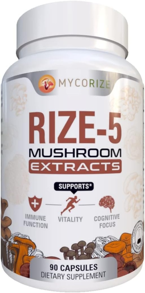 Rize 5 Houbový dodatek - Lions Mane, Reishi, Chaga, Turecko Tail, Maitake - Všechna přírodní imunitní podpora a kognitivní Booster - 90 Kapsle (45 Služebníků) - Žádné Fillers