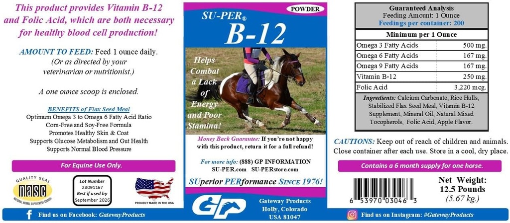 SU-PER B-12 Energy Horse Supplement - Equine Vitamins B-12 & B-9 Foliumzuur Ondersteuning Poeder - 12,5 Pond, 6 maanden Levering